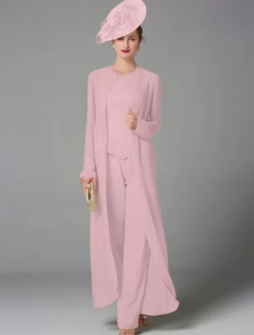 Beach Wedding Jumpsuit / Pantsuit 3 Piece Mother of the Bride Formal Wedding Guest Elegant Plus Size Wrap Included Bateau Neck Floor Length Chiffon Long Sleeve Wrap Included with Beading