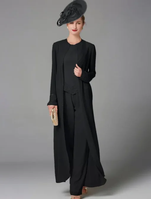 Beach Wedding Jumpsuit / Pantsuit 3 Piece Mother of the Bride Formal Wedding Guest Elegant Plus Size Wrap Included Bateau Neck Floor Length Chiffon Long Sleeve Wrap Included with Beading