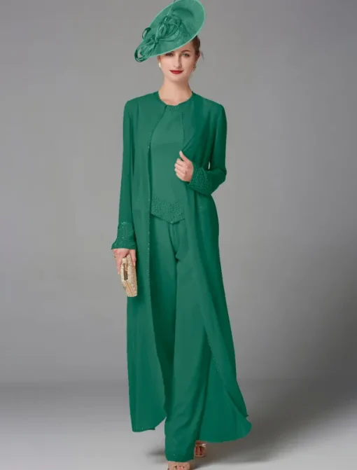Beach Wedding Jumpsuit / Pantsuit 3 Piece Mother of the Bride Formal Wedding Guest Elegant Plus Size Wrap Included Bateau Neck Floor Length Chiffon Long Sleeve Wrap Included with Beading