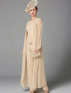 Beach Wedding Jumpsuit / Pantsuit 3 Piece Mother of the Bride Formal Wedding Guest Elegant Plus Size Wrap Included Bateau Neck Floor Length Chiffon Long Sleeve Wrap Included with Beading