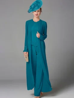 Beach Wedding Jumpsuit / Pantsuit 3 Piece Mother of the Bride Formal Wedding Guest Elegant Plus Size Wrap Included Bateau Neck Floor Length Chiffon Long Sleeve Wrap Included with Beading