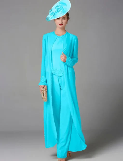 Beach Wedding Jumpsuit / Pantsuit 3 Piece Mother of the Bride Formal Wedding Guest Elegant Plus Size Wrap Included Bateau Neck Floor Length Chiffon Long Sleeve Wrap Included with Beading