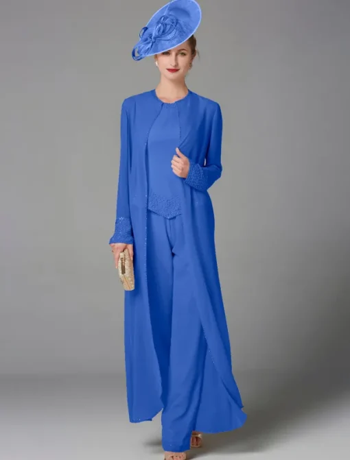 Beach Wedding Jumpsuit / Pantsuit 3 Piece Mother of the Bride Formal Wedding Guest Elegant Plus Size Wrap Included Bateau Neck Floor Length Chiffon Long Sleeve Wrap Included with Beading