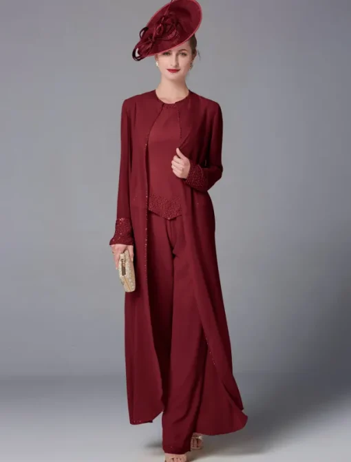 Beach Wedding Jumpsuit / Pantsuit 3 Piece Mother of the Bride Formal Wedding Guest Elegant Plus Size Wrap Included Bateau Neck Floor Length Chiffon Long Sleeve Wrap Included with Beading