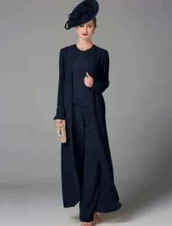 Beach Wedding Jumpsuit / Pantsuit 3 Piece Mother of the Bride Formal Wedding Guest Elegant Plus Size Wrap Included Bateau Neck Floor Length Chiffon Long Sleeve Wrap Included with Beading