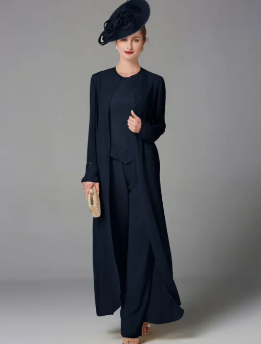 Beach Wedding Jumpsuit / Pantsuit 3 Piece Mother of the Bride Formal Wedding Guest Elegant Plus Size Wrap Included Bateau Neck Floor Length Chiffon Long Sleeve Wrap Included with Beading