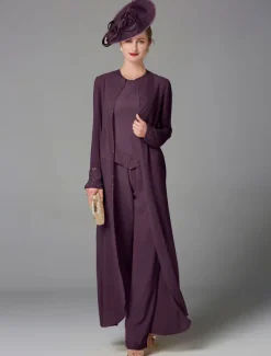 Beach Wedding Jumpsuit / Pantsuit 3 Piece Mother of the Bride Formal Wedding Guest Elegant Plus Size Wrap Included Bateau Neck Floor Length Chiffon Long Sleeve Wrap Included with Beading