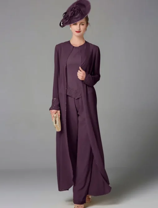 Beach Wedding Jumpsuit / Pantsuit 3 Piece Mother of the Bride Formal Wedding Guest Elegant Plus Size Wrap Included Bateau Neck Floor Length Chiffon Long Sleeve Wrap Included with Beading