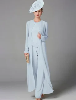 Beach Wedding Jumpsuit / Pantsuit 3 Piece Mother of the Bride Formal Wedding Guest Elegant Plus Size Wrap Included Bateau Neck Floor Length Chiffon Long Sleeve Wrap Included with Beading