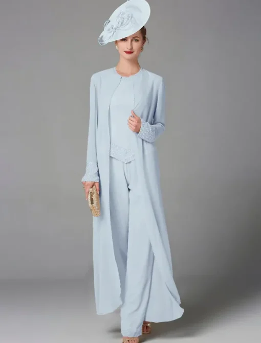 Beach Wedding Jumpsuit / Pantsuit 3 Piece Mother of the Bride Formal Wedding Guest Elegant Plus Size Wrap Included Bateau Neck Floor Length Chiffon Long Sleeve Wrap Included with Beading
