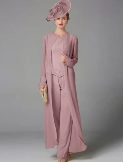 Beach Wedding Jumpsuit / Pantsuit 3 Piece Mother of the Bride Formal Wedding Guest Elegant Plus Size Wrap Included Bateau Neck Floor Length Chiffon Long Sleeve Wrap Included with Beading