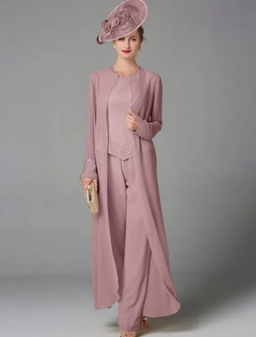 Beach Wedding Jumpsuit / Pantsuit 3 Piece Mother of the Bride Formal Wedding Guest Elegant Plus Size Wrap Included Bateau Neck Floor Length Chiffon Long Sleeve Wrap Included with Beading