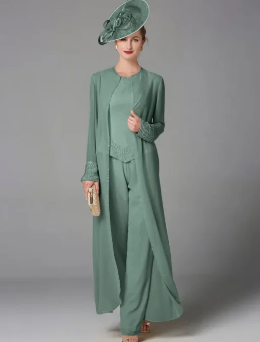 Beach Wedding Jumpsuit / Pantsuit 3 Piece Mother of the Bride Formal Wedding Guest Elegant Plus Size Wrap Included Bateau Neck Floor Length Chiffon Long Sleeve Wrap Included with Beading