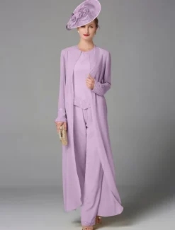 Beach Wedding Jumpsuit / Pantsuit 3 Piece Mother of the Bride Formal Wedding Guest Elegant Plus Size Wrap Included Bateau Neck Floor Length Chiffon Long Sleeve Wrap Included with Beading