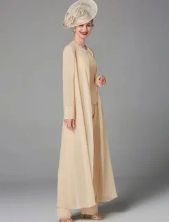 Beach Wedding Jumpsuit / Pantsuit 3 Piece Mother of the Bride Formal Wedding Guest Elegant Plus Size Wrap Included Bateau Neck Floor Length Chiffon Long Sleeve Wrap Included with Beading
