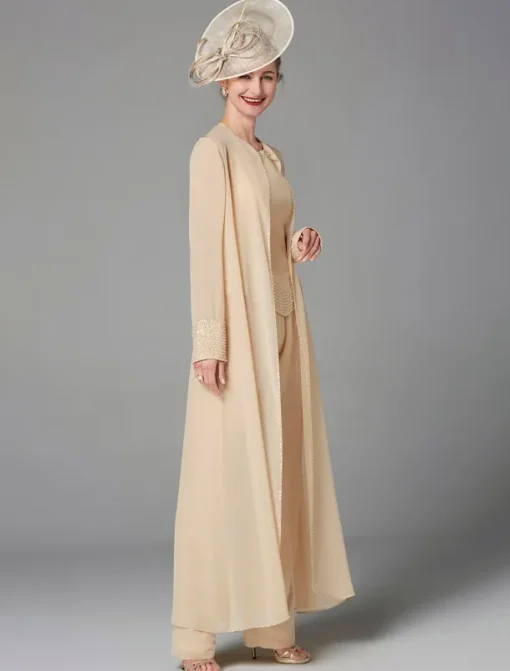 Beach Wedding Jumpsuit / Pantsuit 3 Piece Mother of the Bride Formal Wedding Guest Elegant Plus Size Wrap Included Bateau Neck Floor Length Chiffon Long Sleeve Wrap Included with Beading