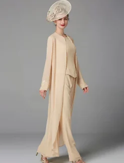 Beach Wedding Jumpsuit / Pantsuit 3 Piece Mother of the Bride Formal Wedding Guest Elegant Plus Size Wrap Included Bateau Neck Floor Length Chiffon Long Sleeve Wrap Included with Beading