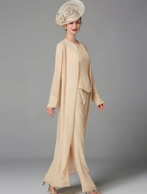 Beach Wedding Jumpsuit / Pantsuit 3 Piece Mother of the Bride Formal Wedding Guest Elegant Plus Size Wrap Included Bateau Neck Floor Length Chiffon Long Sleeve Wrap Included with Beading