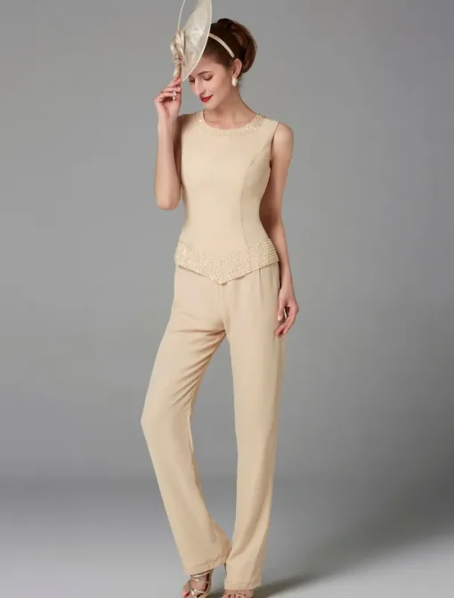Beach Wedding Jumpsuit / Pantsuit 3 Piece Mother of the Bride Formal Wedding Guest Elegant Plus Size Wrap Included Bateau Neck Floor Length Chiffon Long Sleeve Wrap Included with Beading