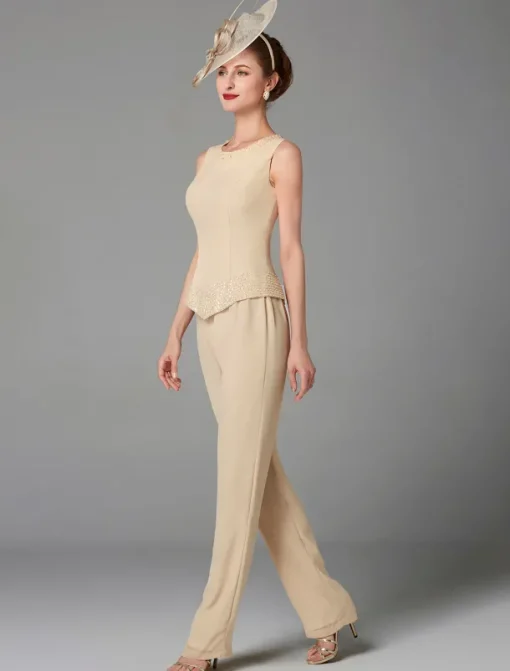 Beach Wedding Jumpsuit / Pantsuit 3 Piece Mother of the Bride Formal Wedding Guest Elegant Plus Size Wrap Included Bateau Neck Floor Length Chiffon Long Sleeve Wrap Included with Beading
