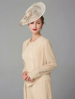 Beach Wedding Jumpsuit / Pantsuit 3 Piece Mother of the Bride Formal Wedding Guest Elegant Plus Size Wrap Included Bateau Neck Floor Length Chiffon Long Sleeve Wrap Included with Beading