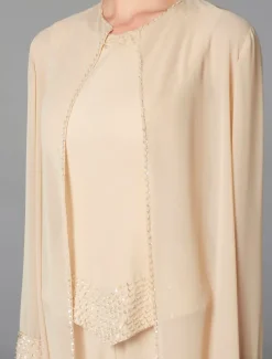 Beach Wedding Jumpsuit / Pantsuit 3 Piece Mother of the Bride Formal Wedding Guest Elegant Plus Size Wrap Included Bateau Neck Floor Length Chiffon Long Sleeve Wrap Included with Beading