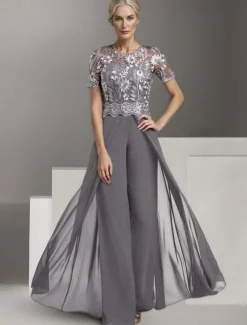 Beach Wedding Jumpsuit / Pantsuit Mother of the Bride Wedding Guest Elegant Jewel Neck Ankle Length Stretch Chiffon Short Sleeve with Lace Pleats free custom size