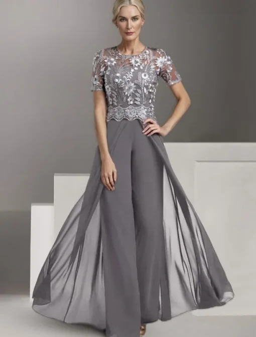 Beach Wedding Jumpsuit / Pantsuit Mother of the Bride Wedding Guest Elegant Jewel Neck Ankle Length Stretch Chiffon Short Sleeve with Lace Pleats free custom size