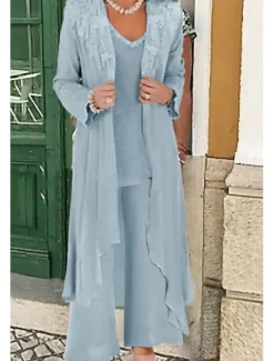 Beach Wedding Jumpsuit / Pantsuit 3 Piece Mother of the Bride Wedding Guest Elegant Party V Neck Floor Length Lace Linen Cotton Blend Sleeveless Jacket es with Beading Appliques