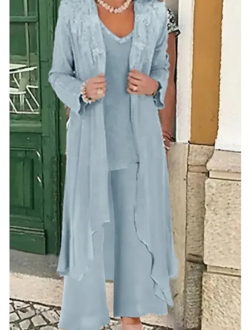 Beach Wedding Jumpsuit / Pantsuit 3 Piece Mother of the Bride Wedding Guest Elegant Party V Neck Floor Length Lace Linen Cotton Blend Sleeveless Jacket es with Beading Appliques