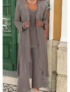 Beach Wedding Jumpsuit / Pantsuit 3 Piece Mother of the Bride Wedding Guest Elegant Party V Neck Floor Length Lace Linen Cotton Blend Sleeveless Jacket es with Beading Appliques
