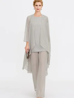 Beach Wedding Jumpsuit/Pantsuit 3 Piece Mother of the Bride Wedding Guest Elegant Plus Size Included Bateau Neck Floor Length Chiffon Sleeveless Jacket es with Solid Color