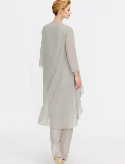 Beach Wedding Jumpsuit/Pantsuit 3 Piece Mother of the Bride Wedding Guest Elegant Plus Size Included Bateau Neck Floor Length Chiffon Sleeveless Jacket es with Solid Color