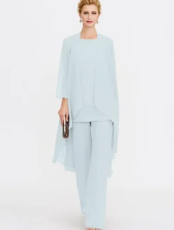 Beach Wedding Jumpsuit/Pantsuit 3 Piece Mother of the Bride Wedding Guest Elegant Plus Size Included Bateau Neck Floor Length Chiffon Sleeveless Jacket es with Solid Color