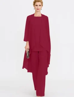Beach Wedding Jumpsuit/Pantsuit 3 Piece Mother of the Bride Wedding Guest Elegant Plus Size Included Bateau Neck Floor Length Chiffon Sleeveless Jacket es with Solid Color