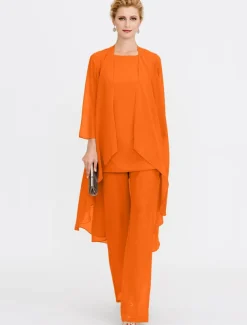 Beach Wedding Jumpsuit/Pantsuit 3 Piece Mother of the Bride Wedding Guest Elegant Plus Size Included Bateau Neck Floor Length Chiffon Sleeveless Jacket es with Solid Color