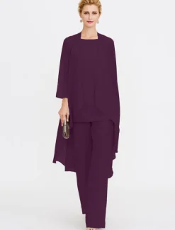 Beach Wedding Jumpsuit/Pantsuit 3 Piece Mother of the Bride Wedding Guest Elegant Plus Size Included Bateau Neck Floor Length Chiffon Sleeveless Jacket es with Solid Color