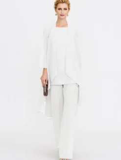 Beach Wedding Jumpsuit/Pantsuit 3 Piece Mother of the Bride Wedding Guest Elegant Plus Size Included Bateau Neck Floor Length Chiffon Sleeveless Jacket es with Solid Color