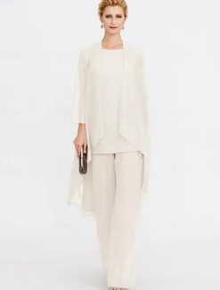 Beach Wedding Jumpsuit/Pantsuit 3 Piece Mother of the Bride Wedding Guest Elegant Plus Size Included Bateau Neck Floor Length Chiffon Sleeveless Jacket es with Solid Color