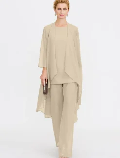 Beach Wedding Jumpsuit/Pantsuit 3 Piece Mother of the Bride Wedding Guest Elegant Plus Size Included Bateau Neck Floor Length Chiffon Sleeveless Jacket es with Solid Color
