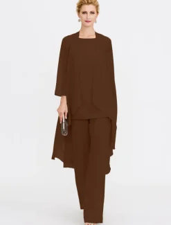 Beach Wedding Jumpsuit/Pantsuit 3 Piece Mother of the Bride Wedding Guest Elegant Plus Size Included Bateau Neck Floor Length Chiffon Sleeveless Jacket es with Solid Color