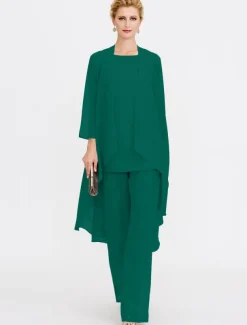 Beach Wedding Jumpsuit/Pantsuit 3 Piece Mother of the Bride Wedding Guest Elegant Plus Size Included Bateau Neck Floor Length Chiffon Sleeveless Jacket es with Solid Color