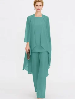 Beach Wedding Jumpsuit/Pantsuit 3 Piece Mother of the Bride Wedding Guest Elegant Plus Size Included Bateau Neck Floor Length Chiffon Sleeveless Jacket es with Solid Color