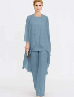 Beach Wedding Jumpsuit/Pantsuit 3 Piece Mother of the Bride Wedding Guest Elegant Plus Size Included Bateau Neck Floor Length Chiffon Sleeveless Jacket es with Solid Color