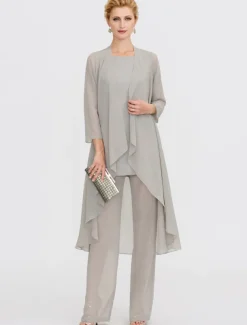 Beach Wedding Jumpsuit/Pantsuit 3 Piece Mother of the Bride Wedding Guest Elegant Plus Size Included Bateau Neck Floor Length Chiffon Sleeveless Jacket es with Solid Color