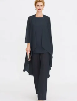 Beach Wedding Jumpsuit/Pantsuit 3 Piece Mother of the Bride Wedding Guest Elegant Plus Size Included Bateau Neck Floor Length Chiffon Sleeveless Jacket es with Solid Color