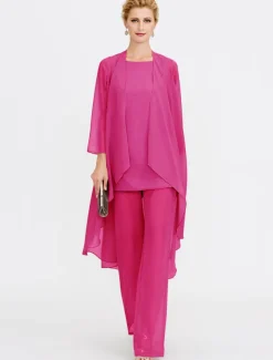 Beach Wedding Jumpsuit/Pantsuit 3 Piece Mother of the Bride Wedding Guest Elegant Plus Size Included Bateau Neck Floor Length Chiffon Sleeveless Jacket es with Solid Color