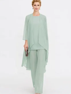Beach Wedding Jumpsuit/Pantsuit 3 Piece Mother of the Bride Wedding Guest Elegant Plus Size Included Bateau Neck Floor Length Chiffon Sleeveless Jacket es with Solid Color