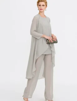 Beach Wedding Jumpsuit/Pantsuit 3 Piece Mother of the Bride Wedding Guest Elegant Plus Size Included Bateau Neck Floor Length Chiffon Sleeveless Jacket es with Solid Color
