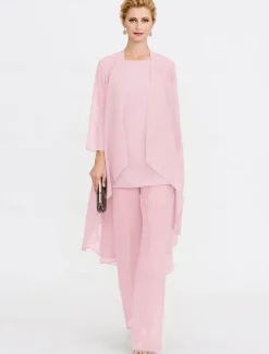 Beach Wedding Jumpsuit/Pantsuit 3 Piece Mother of the Bride Wedding Guest Elegant Plus Size Included Bateau Neck Floor Length Chiffon Sleeveless Jacket es with Solid Color